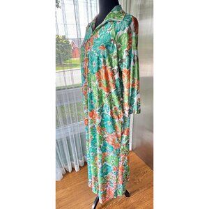 Vintage 1970s robe, bold orange green blue floral, nylon house dress, front zip